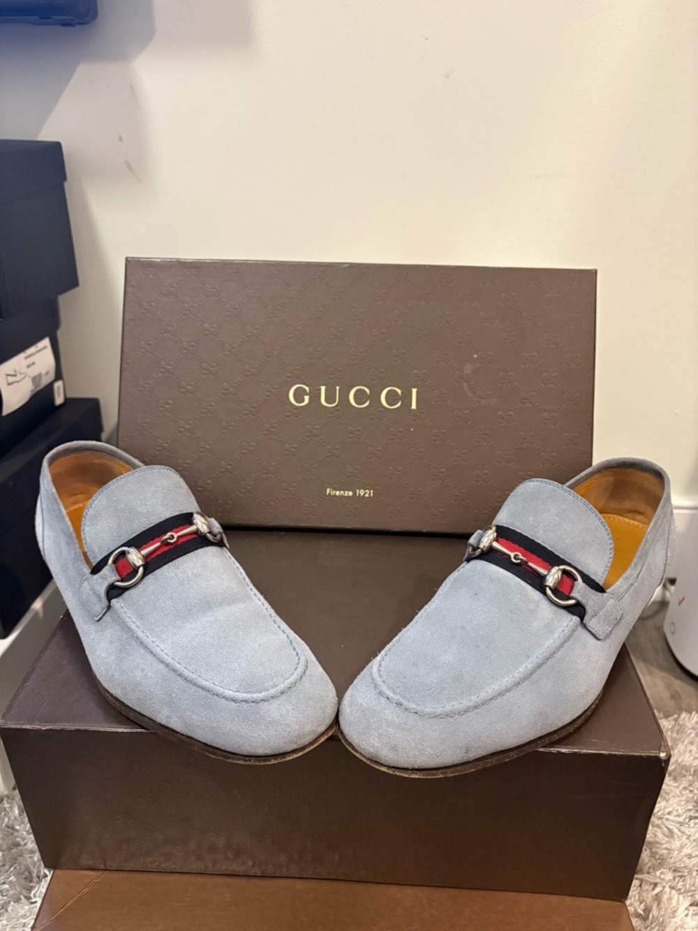 Gucci Light Blue Suede Horsebit Slip-On Loafers